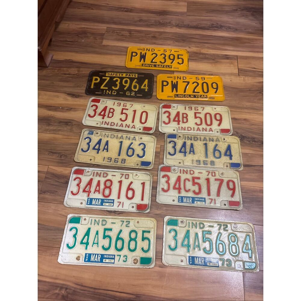 Lot of 11 Vintage Indiana License Plates 1957 1959 1962 1967 1968 1970 1972